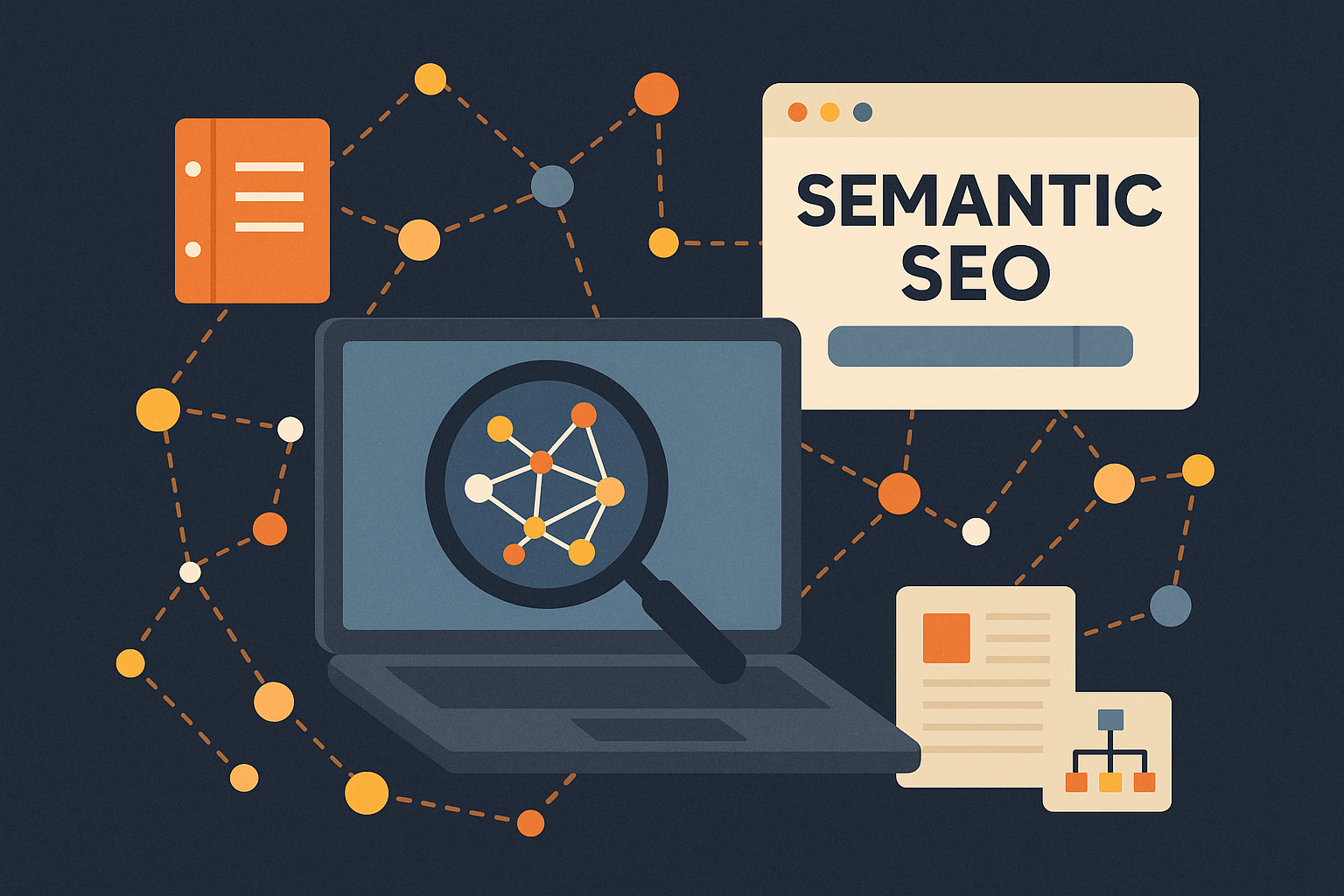 Abstract digital illustration representing semantic SEO networks, entity relationships, and data flow.