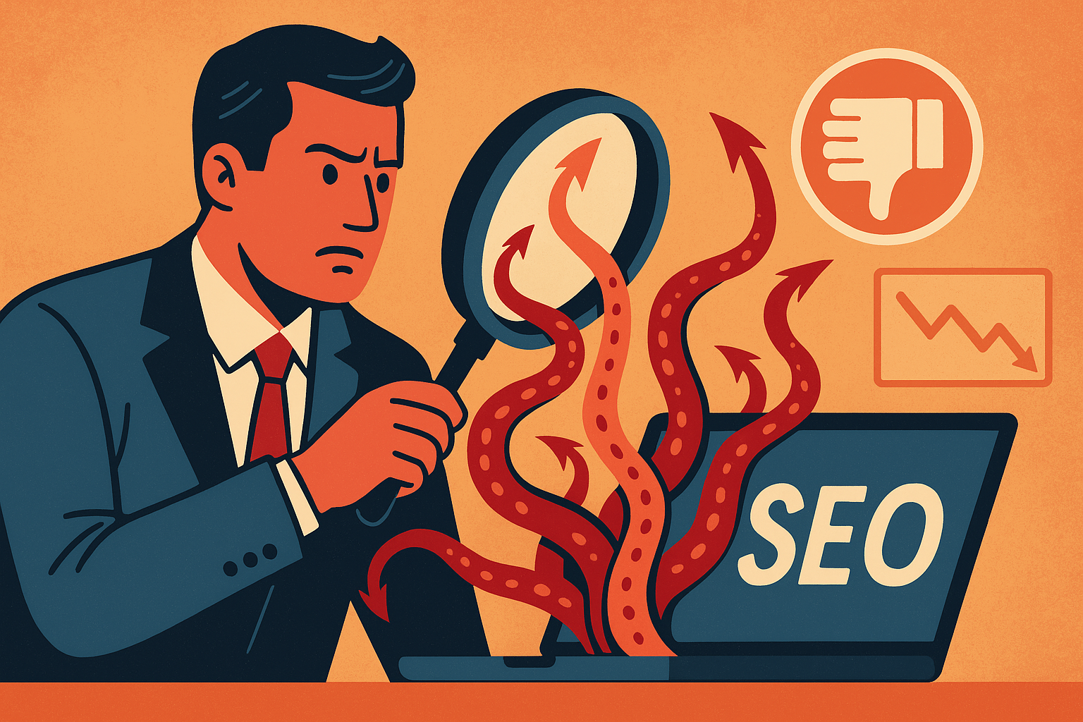 Flat illustration of a business owner confused by conflicting SEO reports and hidden metrics